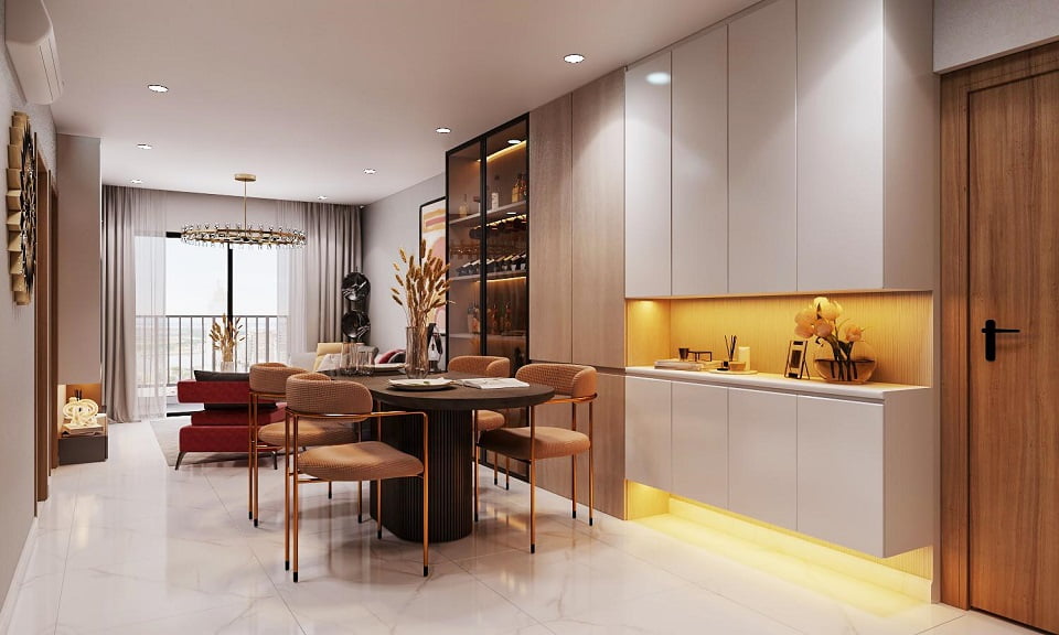 phòng khách và bếp căn hộ 3 pn Feliz Homes