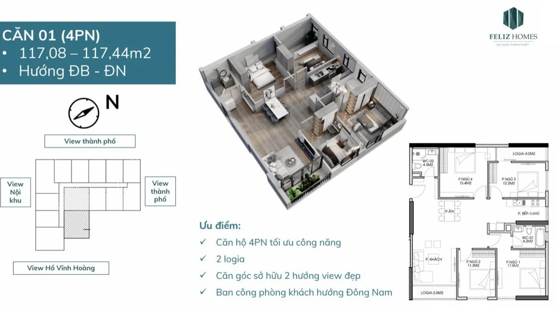Căn hộ 4 phòng ngủ Feliz Homes Thiết kế căn hộ 4 phòng ngủ feliz homes hoàng mai