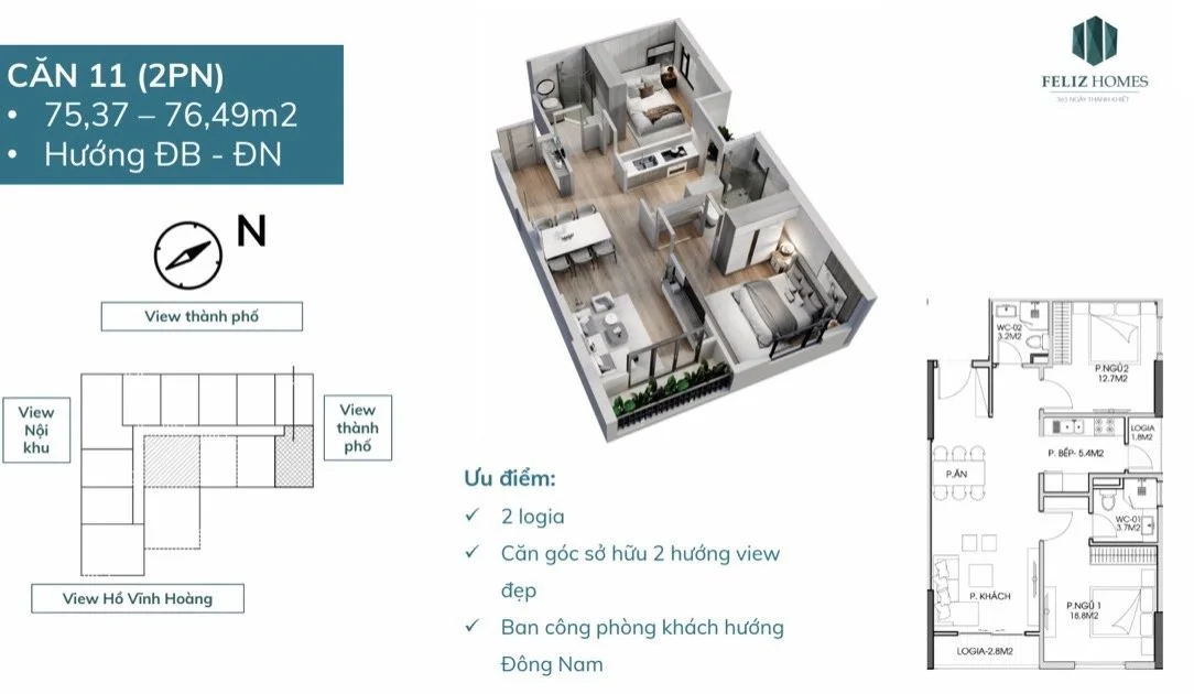 Thiết kế căn góc 2 phòng ngủ 76m2 Thiết kế căn 2 phòng ngủ chung cư feliz homes