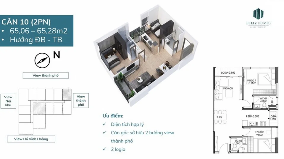 Thiết kế Căn góc 2 phòng ngủ diện tích 65m2 Thiết kế căn hộ 2 phòng ngủ Feliz Homes