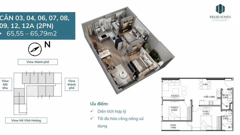 Thiết kế chung cư Feliz Homes tòa CT1B Thiết kế chung cư Feliz Homes 2 phòng ngủ