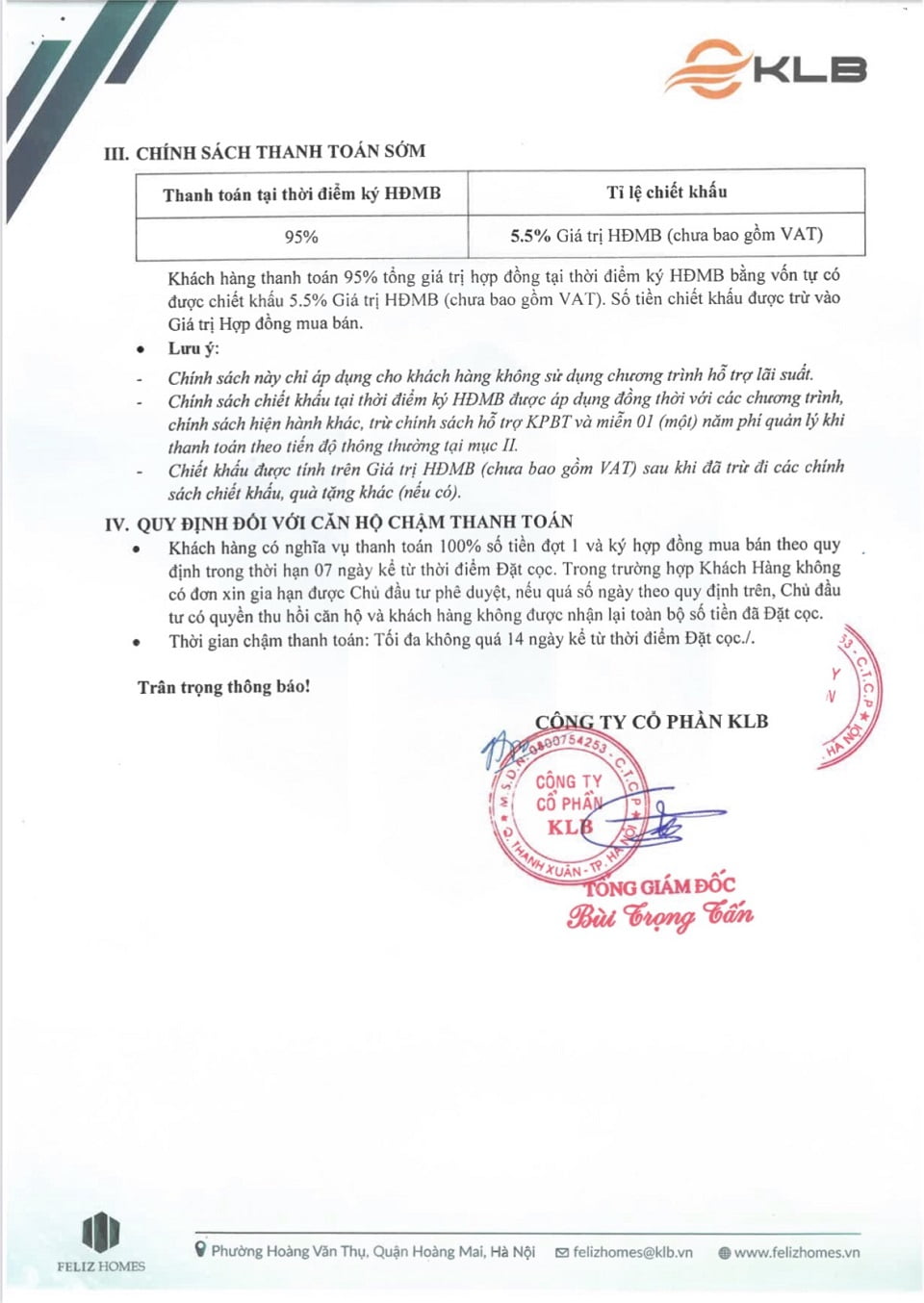 chính sách bán hàng felizhomes mới nhất
